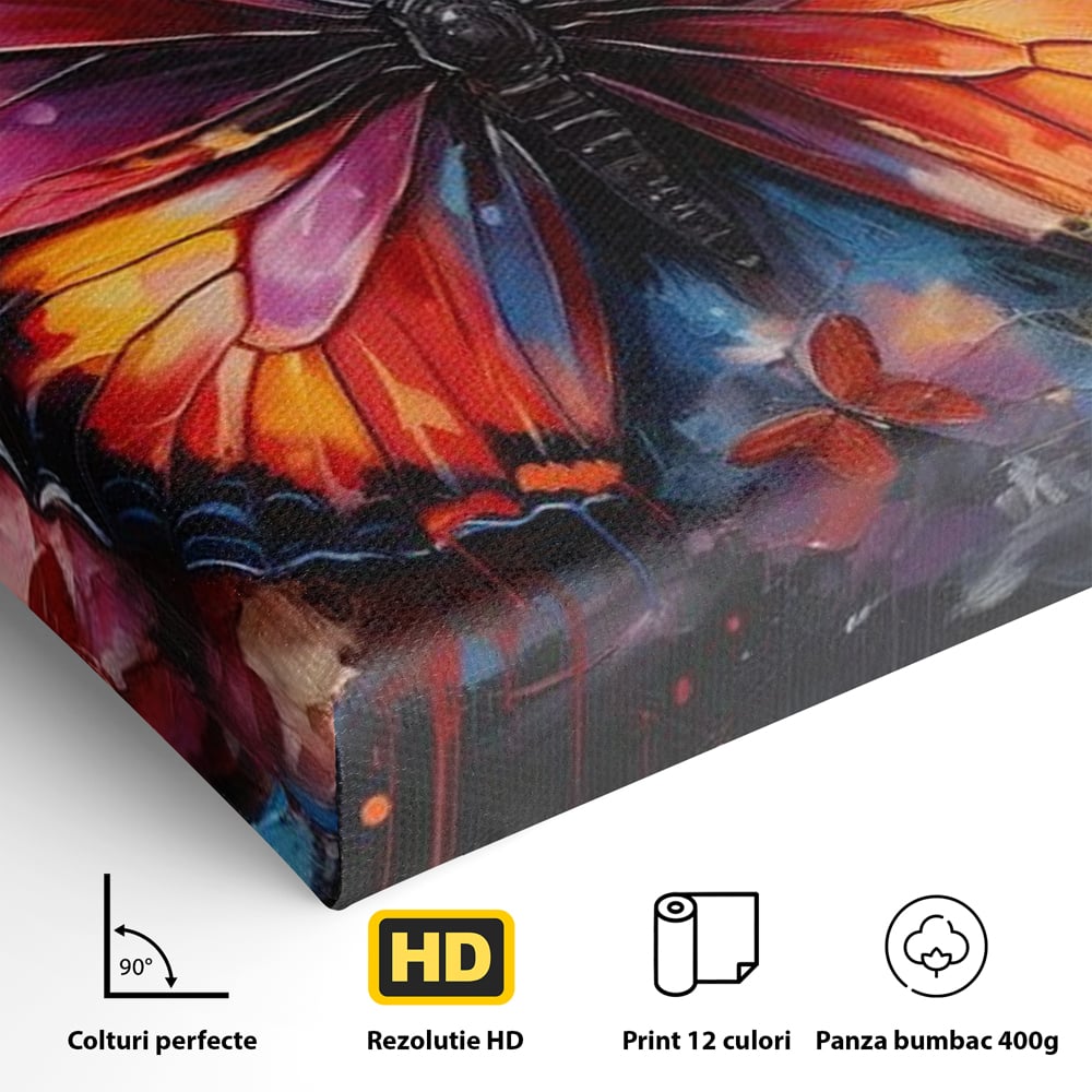 Detaliu al suprafetei: tablou canvas cu fluture central multicolor, fara rama, pe sasiu de lemn